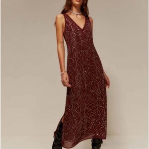 H&M Burgundy Beaded V-Neck Maxi Dress